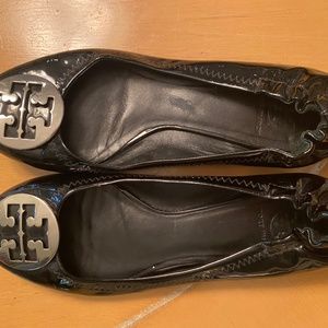 Tory Burch Patent Leather Black/Silver Reva Flats